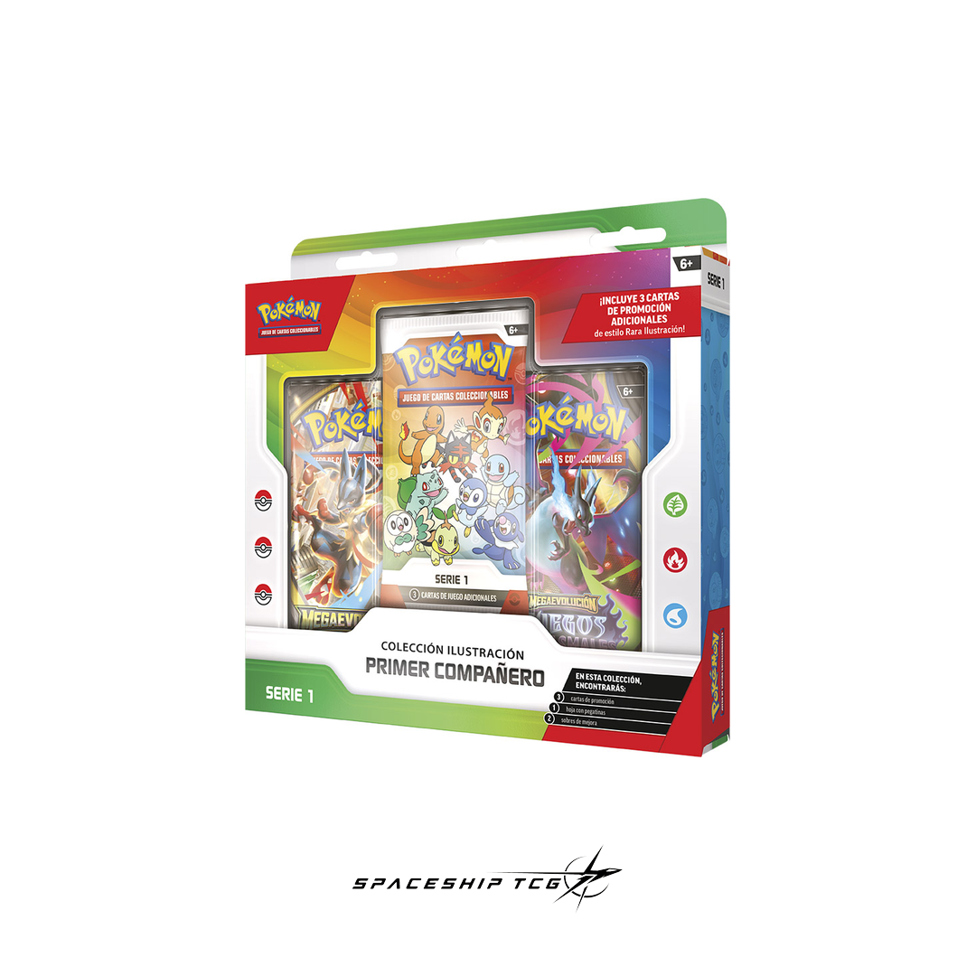 Pokémon trading card game packaging with cards and a display stand on a white background. Colección ilustración Primer Compañero en Spaceship TCG