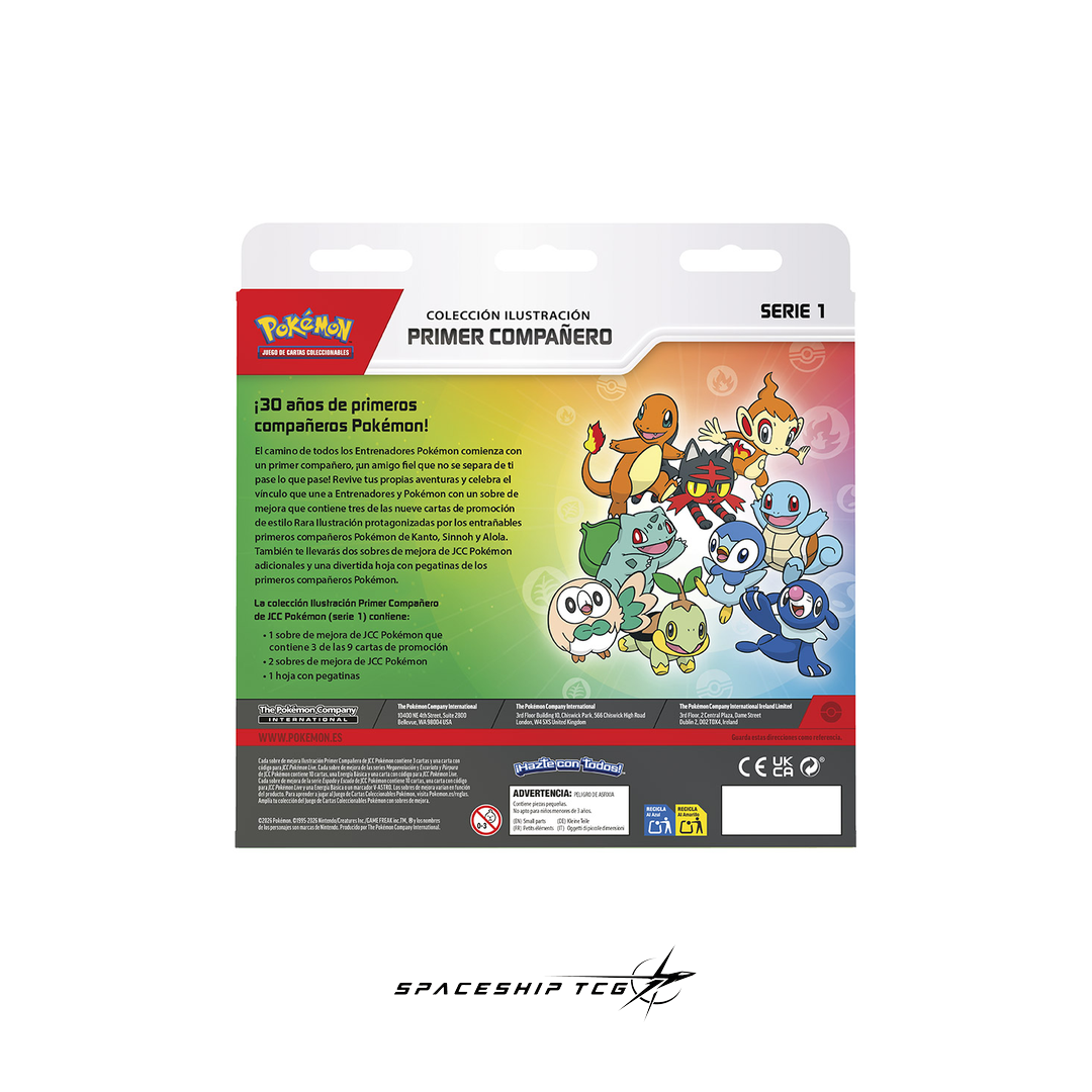 Pokémon trading card game packaging with illustrations of Pokémon characters on a white background Colección ilustración Primer Compañero en Spaceship TCG
