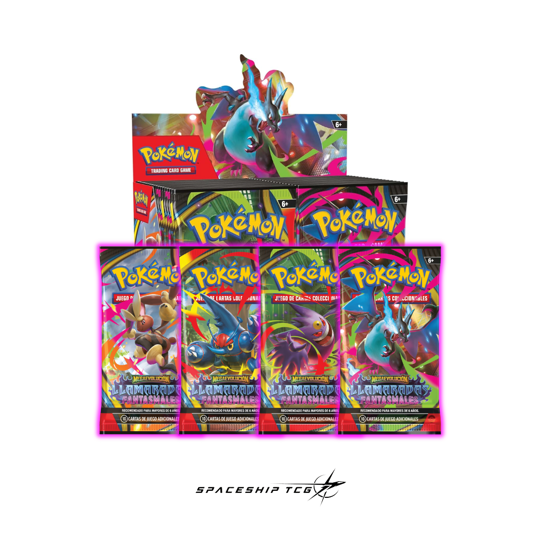 Pokémon Trading Card Game Llamaradas Fantasmales single booster pack Latin American Spanish edition containing 10 randomized cards with Mega Evolution mechanics