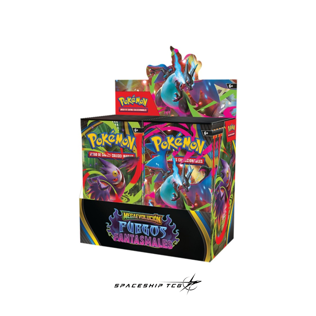 Pokémon Trading Card Game Fuegos Fantasmales single booster pack Spanish edition containing 10 randomized cards with Mega Evolution mechanics