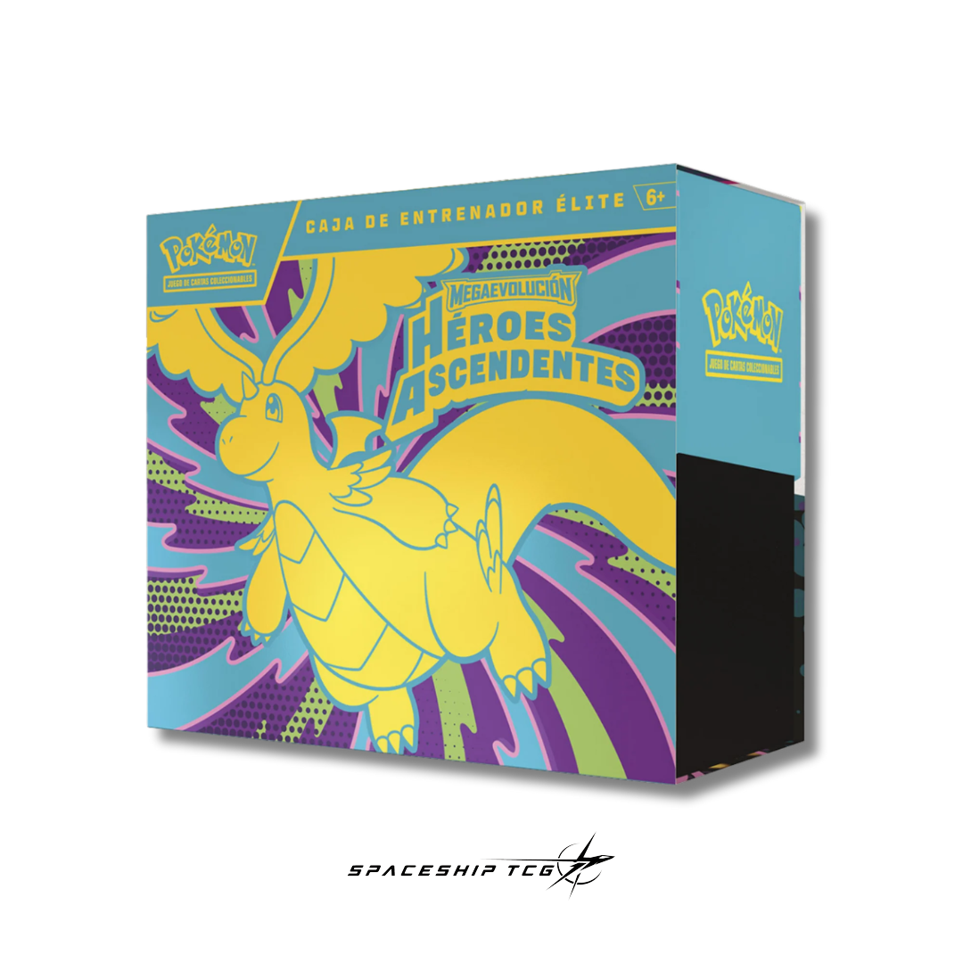 Pokémon TCG Héroes Ascendentes Elite Trainer Box Spanish edition with 9 booster packs, exclusive promotional card, premium sleeves, and competitive accessories