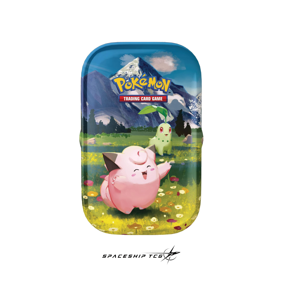 Pokémon TCG Héroes Ascendentes Mega Evolution Mini Tin Spanish edition collectible metal container with 2 booster packs, sticker, and exclusive illustrated card