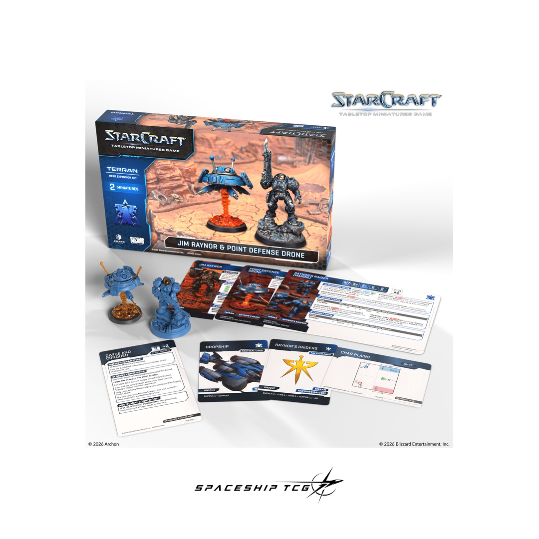 StarCraft game set with miniatures, cards, and box on a white background