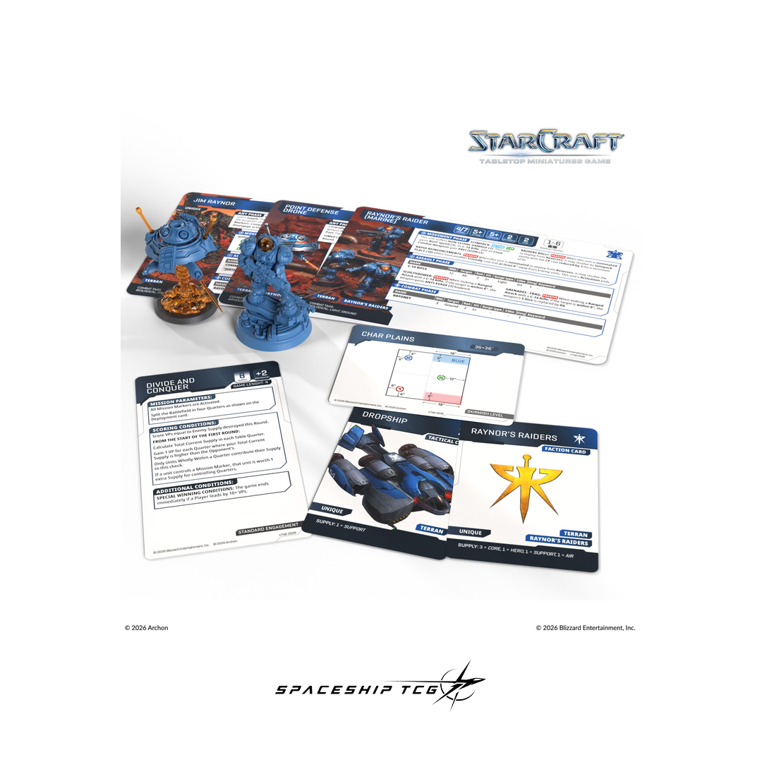 StarCraft game components including miniatures and cards on a white background