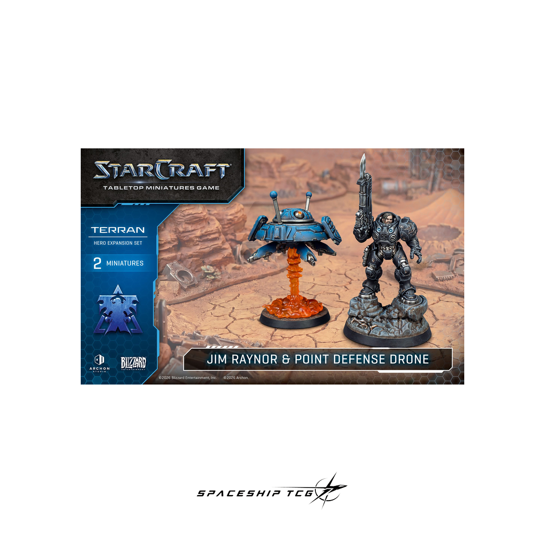 StarCraft tabletop miniatures game packaging with two figures on a miniature battlefield.