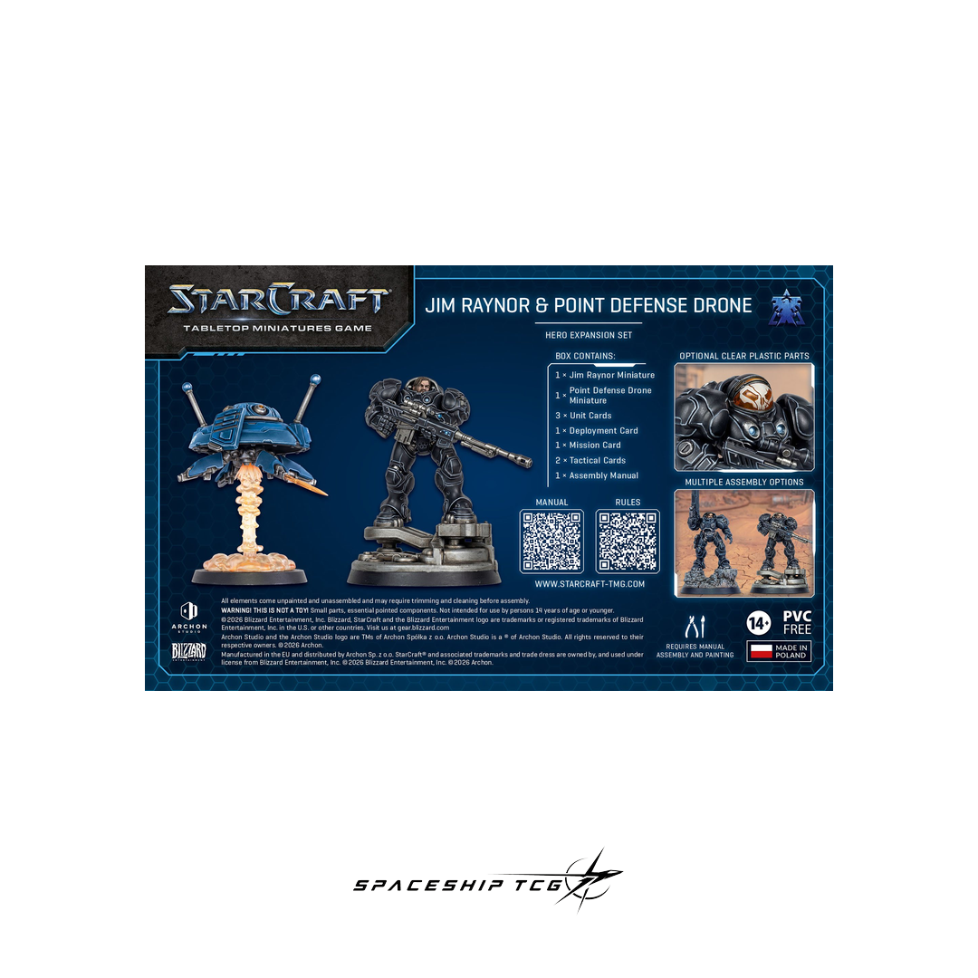 StarCraft tabletop miniatures game packaging with figures and drone on a white background
