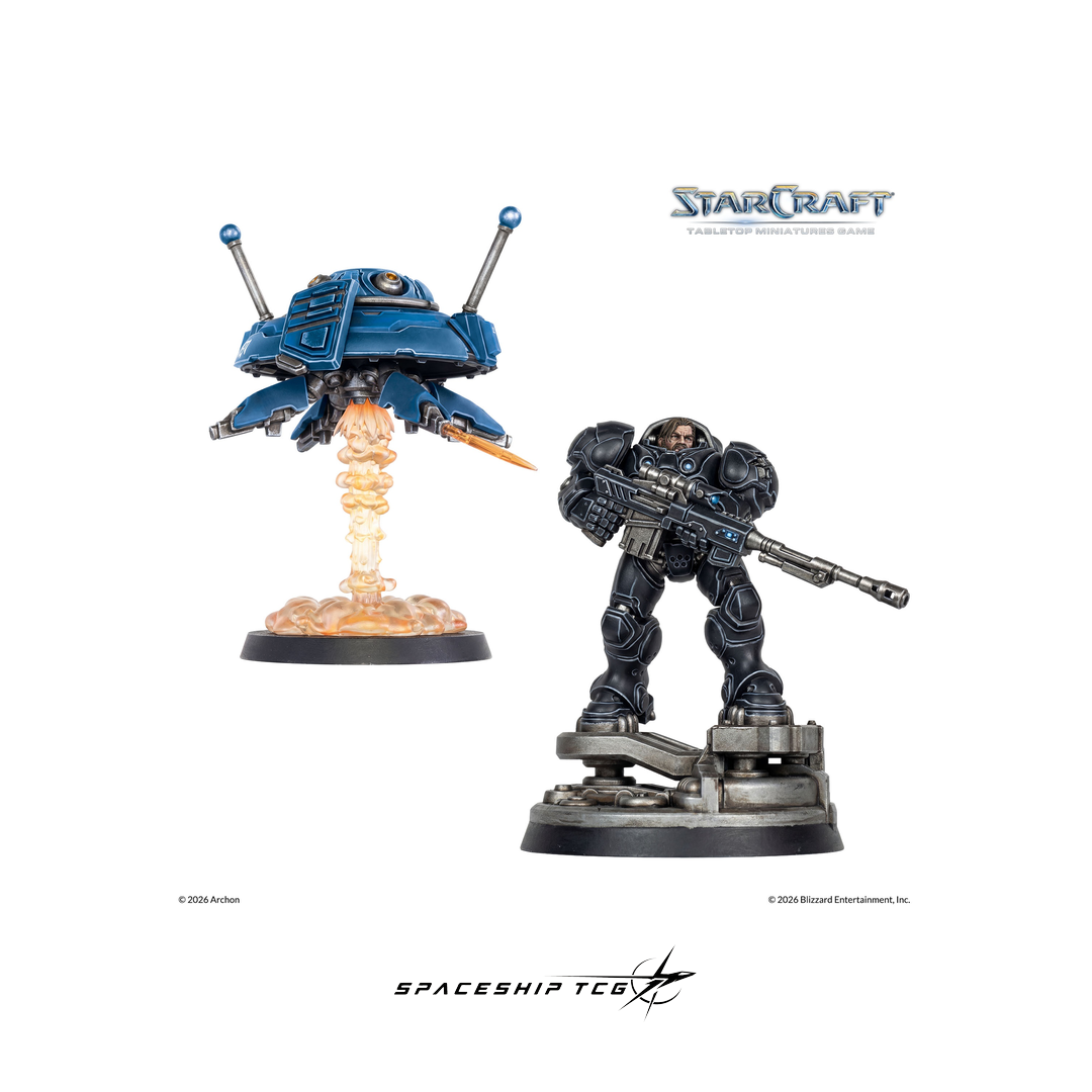 Two StarCraft figurines on a white background with 'StarCraft' and 'Spaceship TCG' logos.
