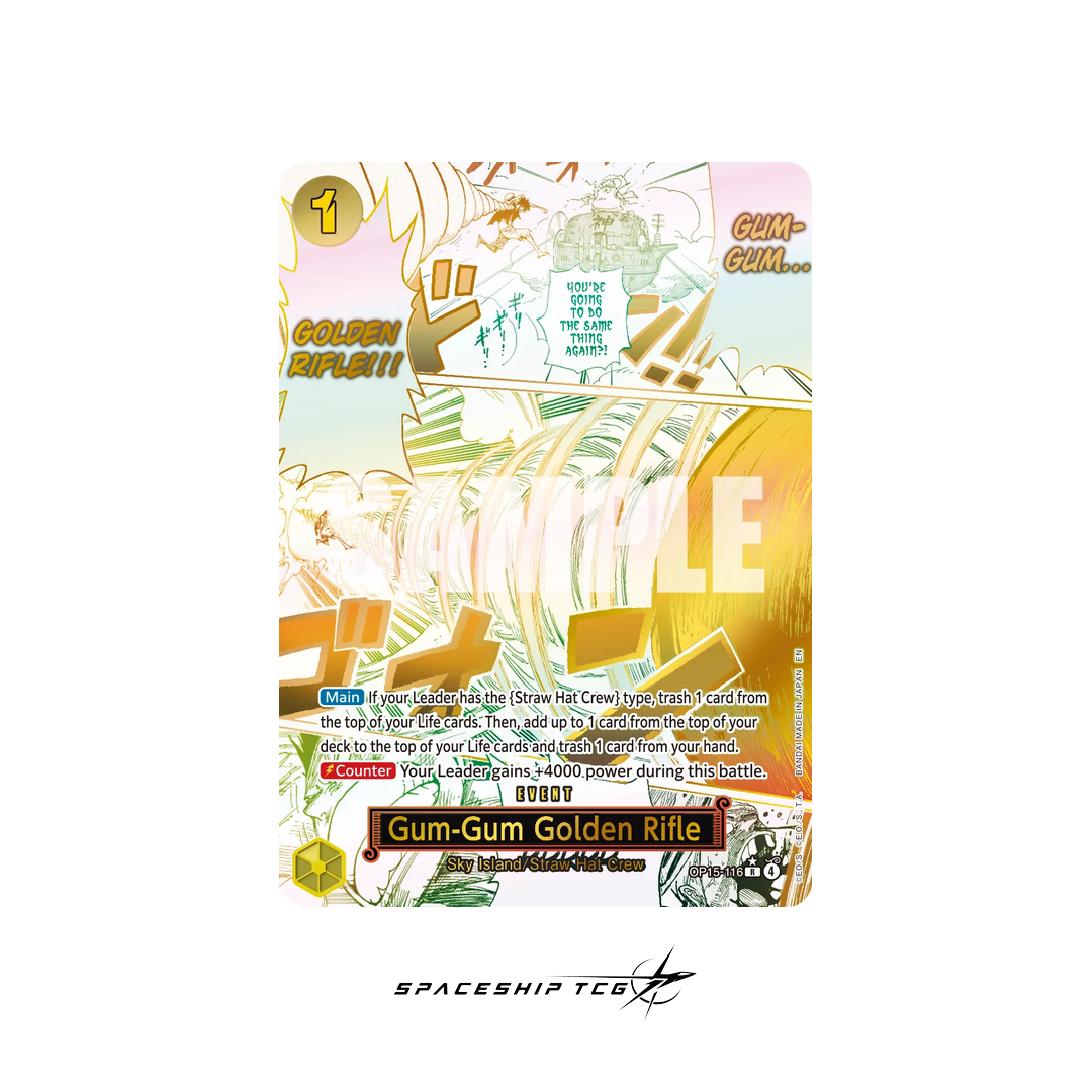 Card packaging for 'Gum-Gum Golden Rifle' from Spaceship TCG on a white background