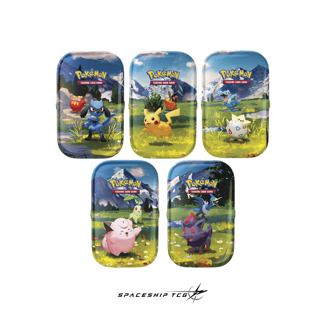 Pokémon TCG Héroes Ascendentes Mega Evolution Mini Tin Spanish edition collectible metal container with 2 booster packs, sticker, and exclusive illustrated card