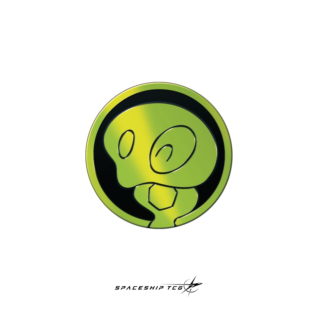 Circular logo with a green alien face design on a white background, featuring 'SPACESHIP TCG' text.