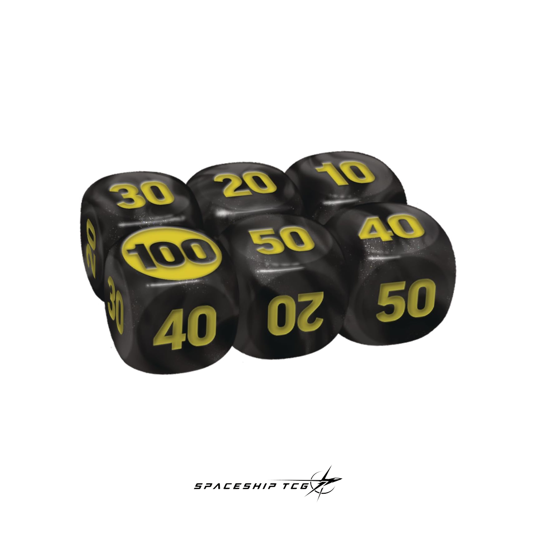 Black dice with yellow numbers on a white background, featuring the 'SPACESHIP TCG' logo.