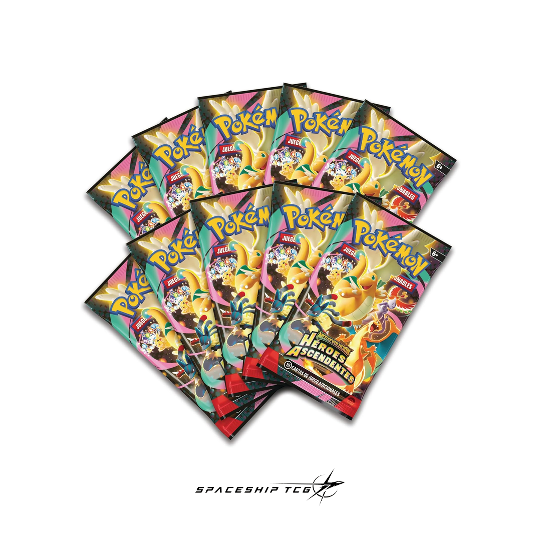 Collection of Pokémon trading card game packs on a white background with 'Spaceship TCG' branding.