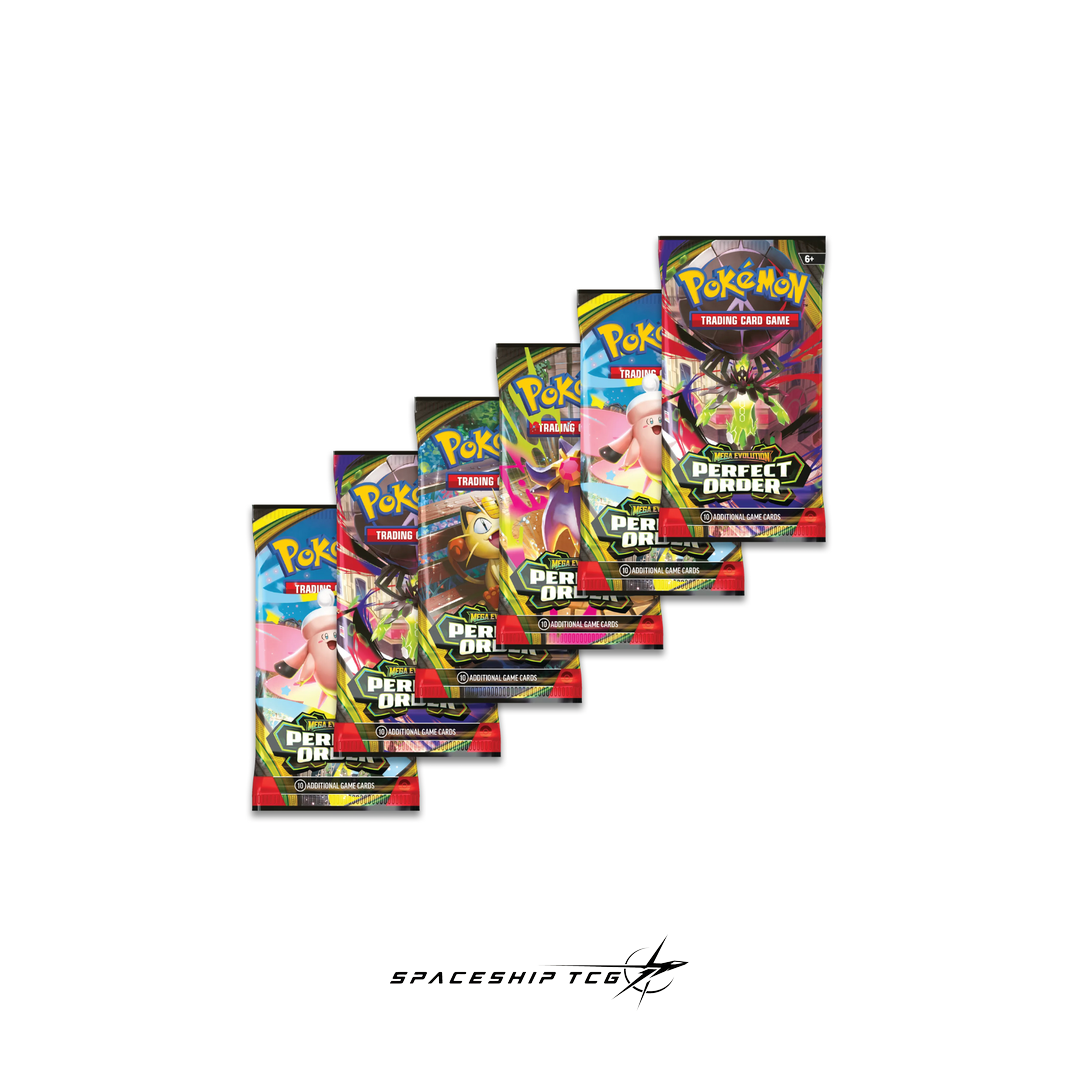 Collection of Pokémon trading card game packs on a white background with 'Spaceship TCG' branding.