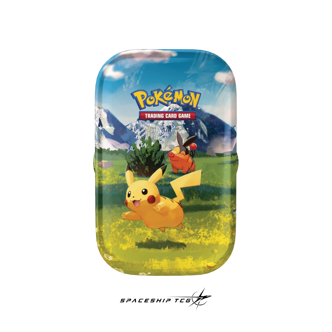 Pokémon TCG Héroes Ascendentes Mega Evolution Mini Tin Spanish edition collectible metal container with 2 booster packs, sticker, and exclusive illustrated card