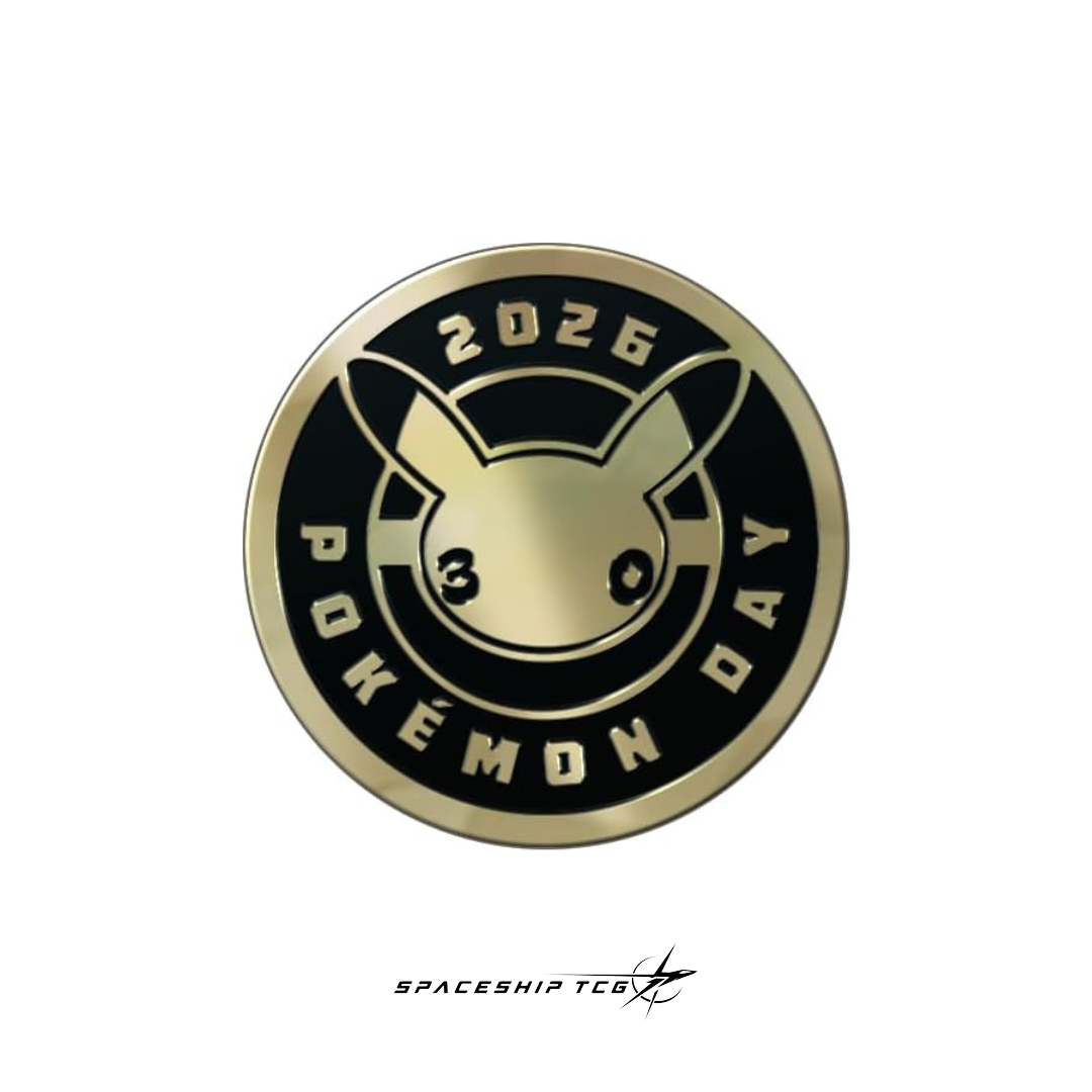 Gold and black round badge with 'Pokémon' logo and text on a white background