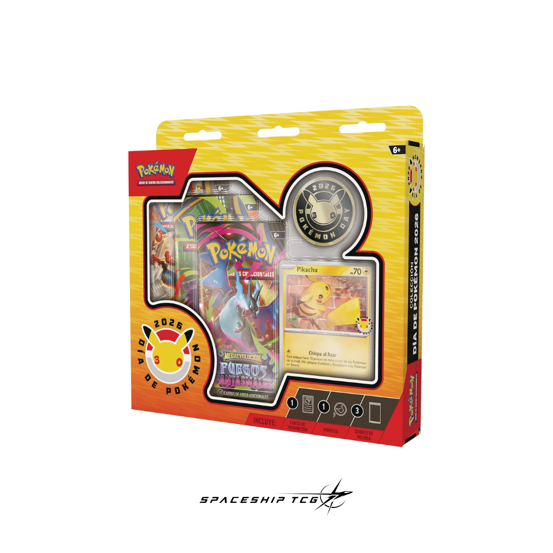 Pokémon trading card game packaging with cards and a badge on a white background