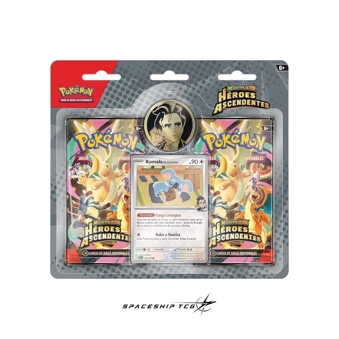 Pokémon TCG Héroes Ascendentes Double Blister featuring Larry with 2 booster packs, exclusive Komala promotional card, and collectible coin Spanish edition