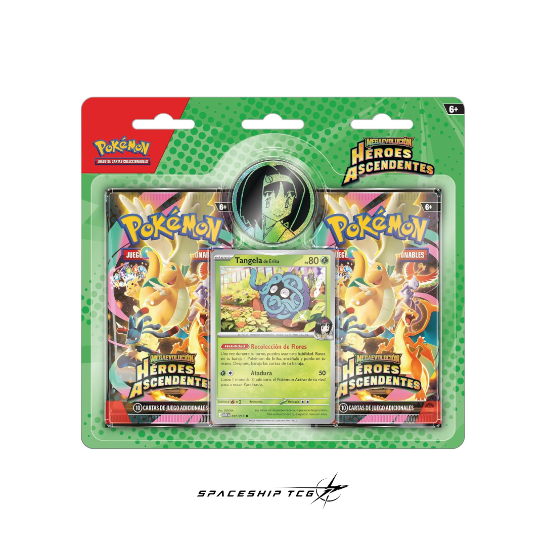 Pokémon TCG Héroes Ascendentes Double Blister featuring Erika with 2 booster packs, exclusive Tangela promotional card, and collectible coin Spanish edition