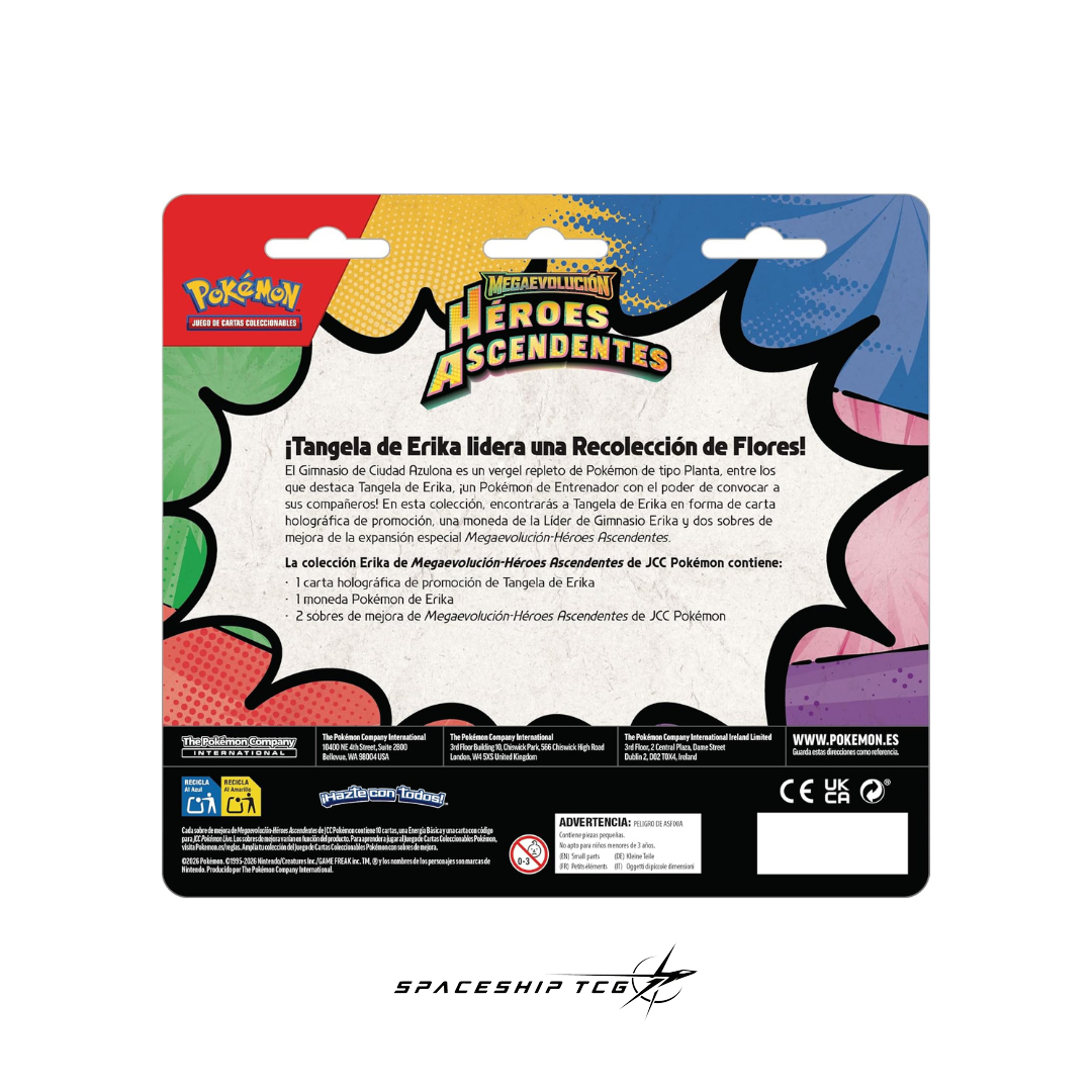Pokémon TCG Héroes Ascendentes Double Blister featuring Erika with 2 booster packs, exclusive Tangela promotional card, and collectible coin Spanish edition
