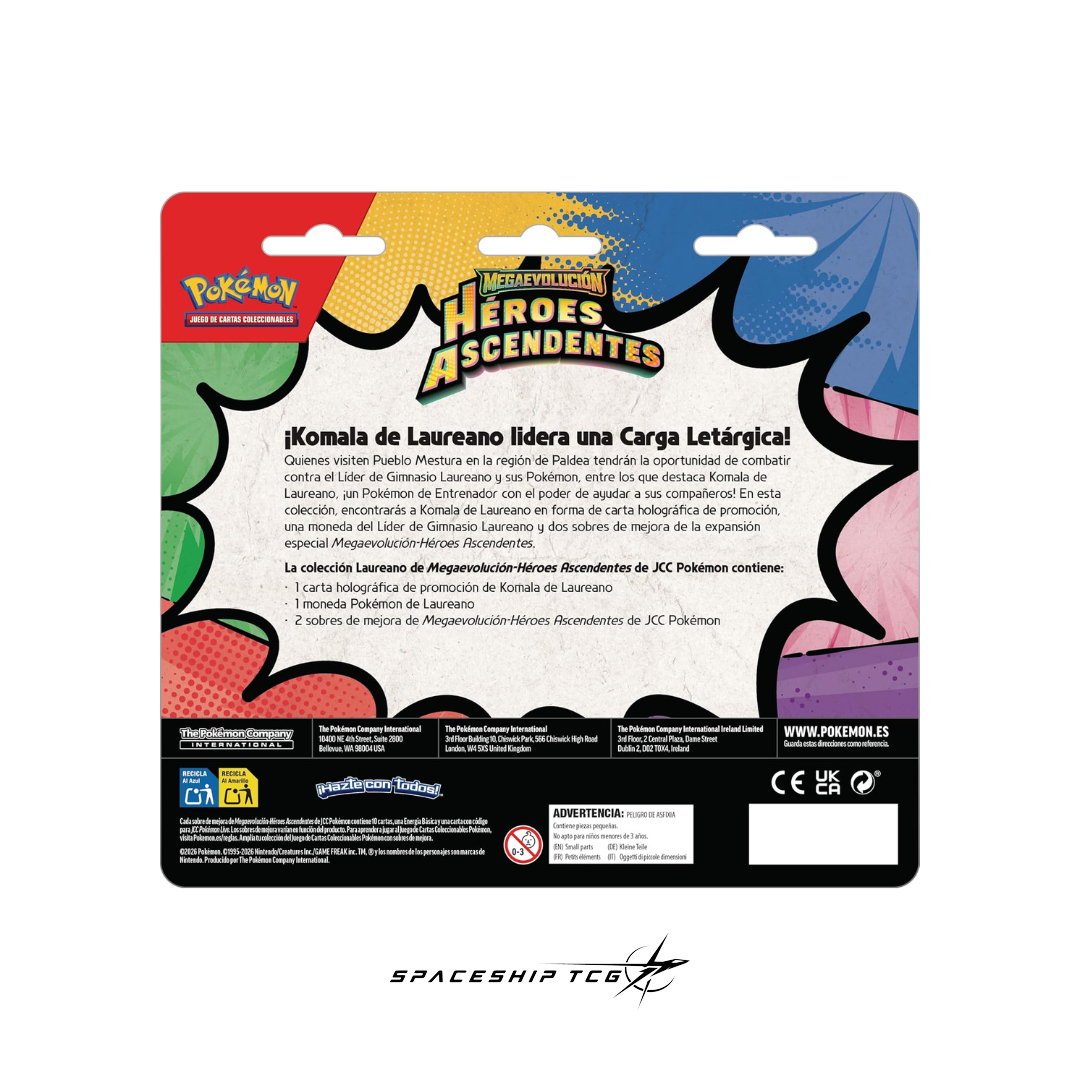 Pokémon TCG Héroes Ascendentes Double Blister featuring Larry with 2 booster packs, exclusive Komala promotional card, and collectible coin Spanish edition
