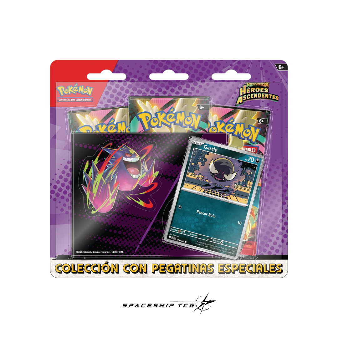 Pokémon TCG Special Sticker Collection Héroes Ascendentes featuring Mega Gengar with holographic Gastly promotional card and exclusive Gengar stickers Spanish edition