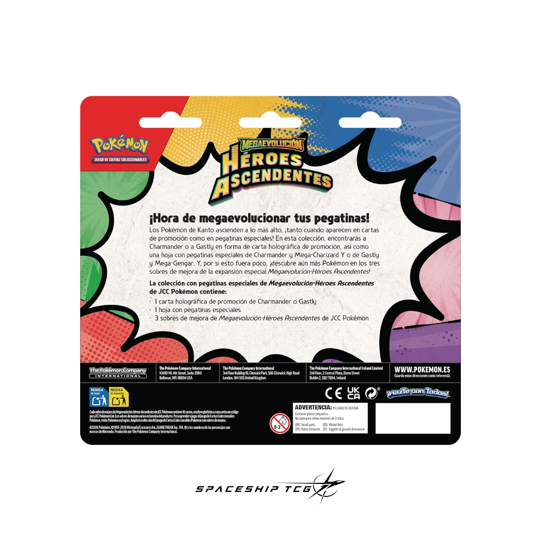Pokémon TCG Special Sticker Collection Héroes Ascendentes featuring Mega Charizard Y with holographic Charmander promotional card and exclusive Charizard stickers Spanish edition