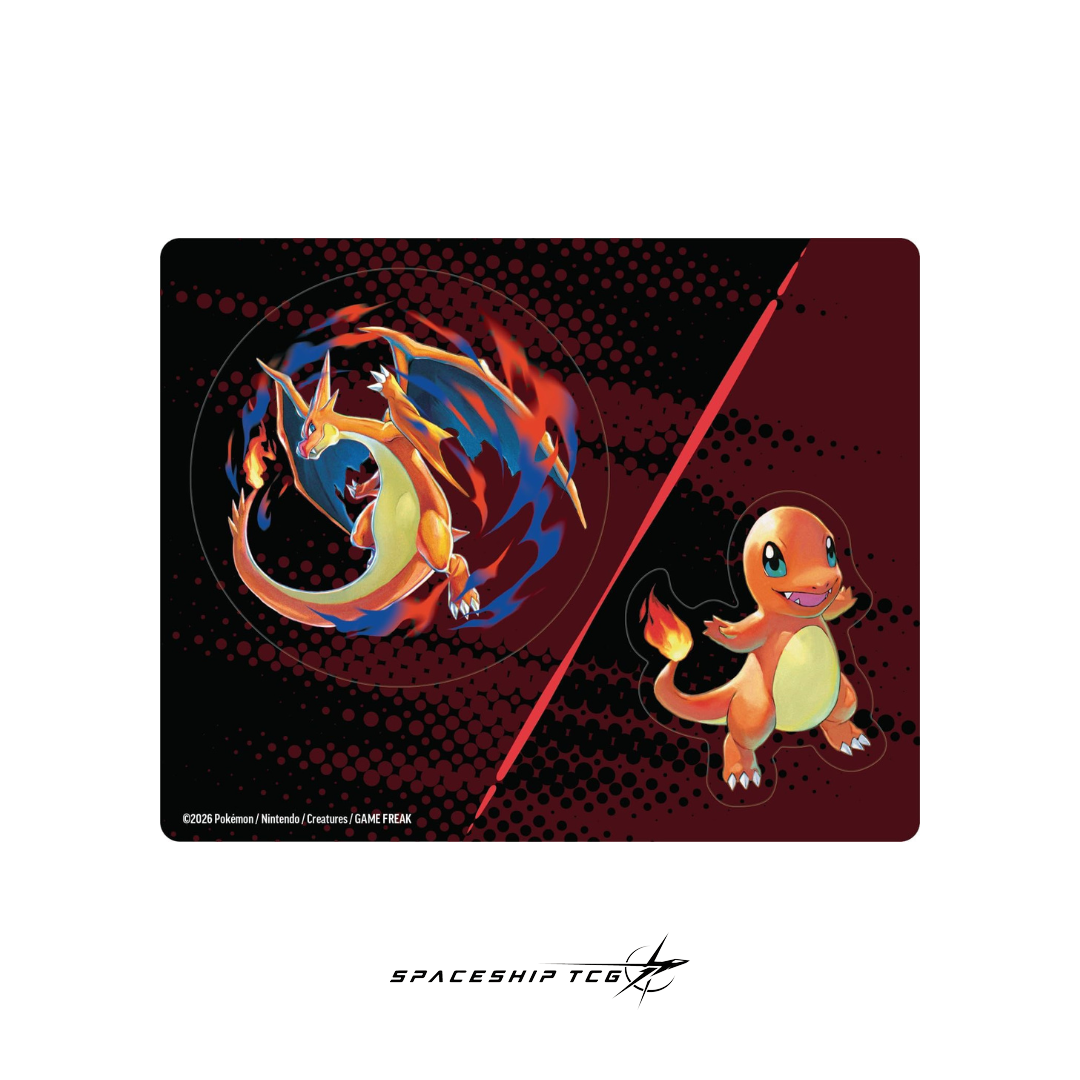 Pokémon TCG Special Sticker Collection Héroes Ascendentes featuring Mega Charizard Y with holographic Charmander promotional card and exclusive Charizard stickers Spanish edition