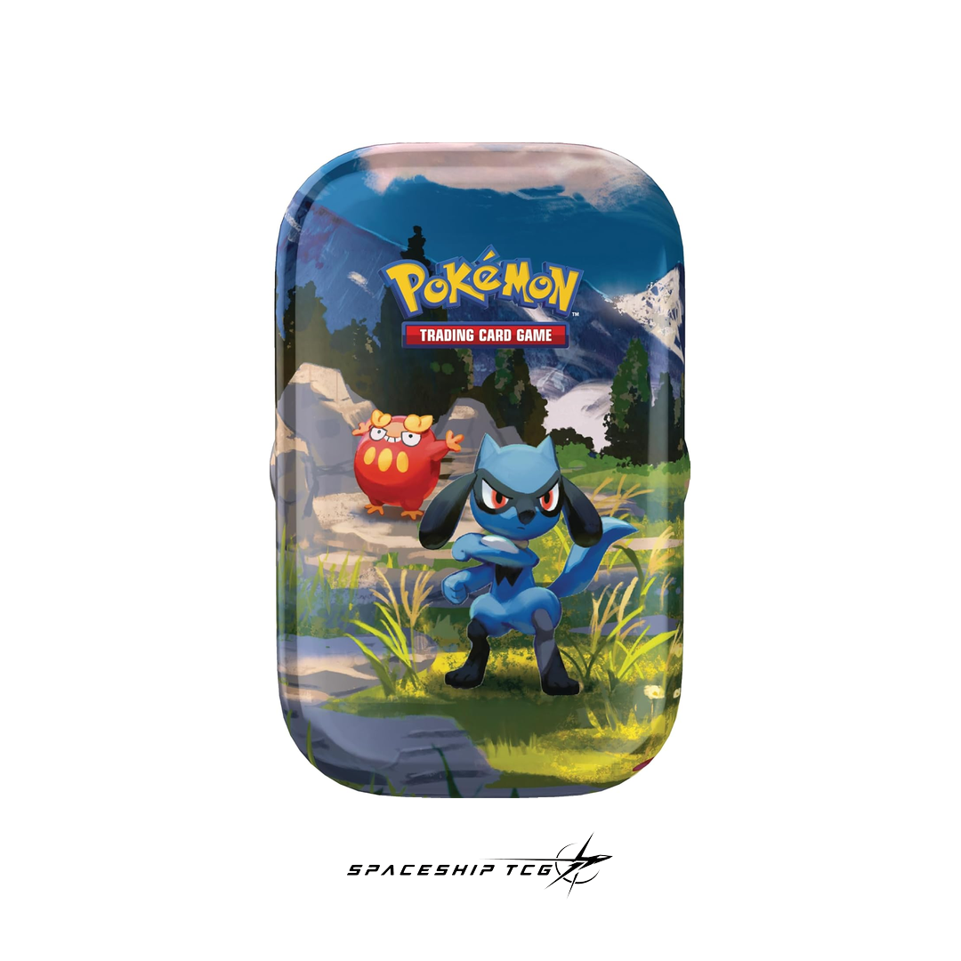 Pokémon TCG Héroes Ascendentes Mega Evolution Mini Tin Spanish edition collectible metal container with 2 booster packs, sticker, and exclusive illustrated card