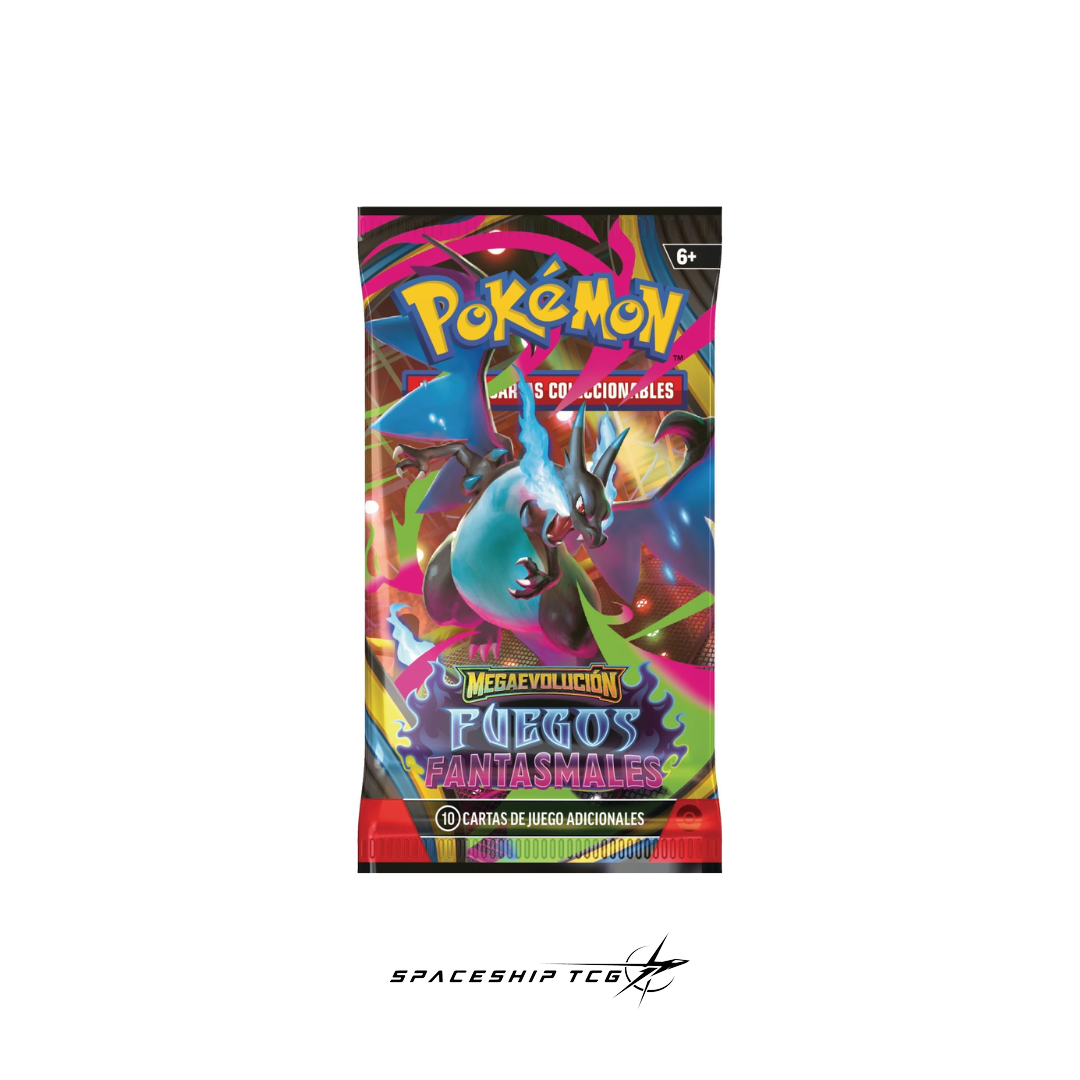 Pokémon Trading Card Game Fuegos Fantasmales single booster pack Spanish edition containing 10 randomized cards with Mega Evolution mechanics