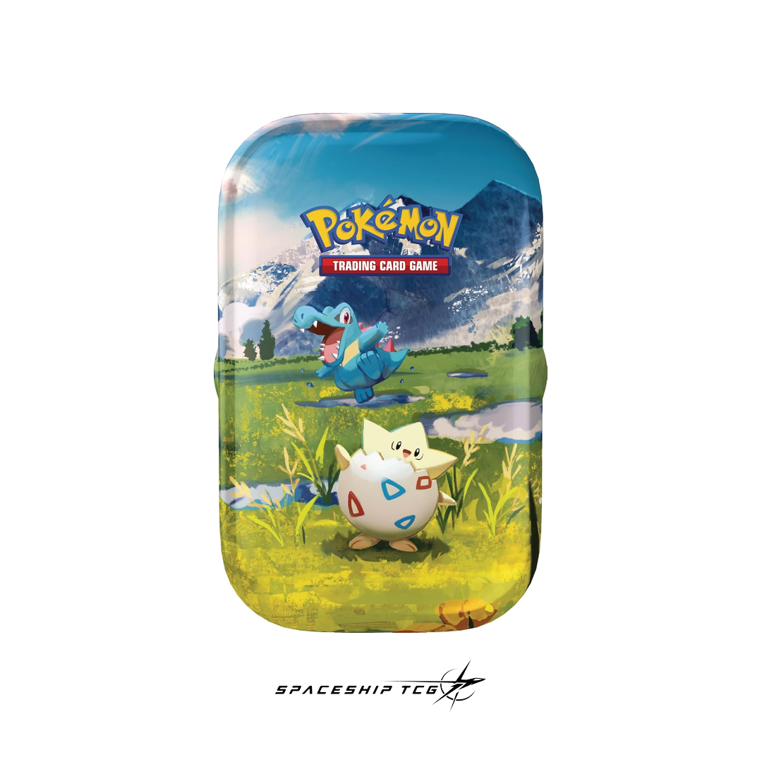 Pokémon TCG Héroes Ascendentes Mega Evolution Mini Tin Spanish edition collectible metal container with 2 booster packs, sticker, and exclusive illustrated card