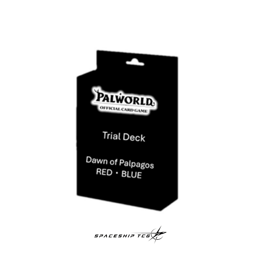 Black card game trial deck packaging with 'Palworld' and 'Spaceship TCG' logos on a white background. Palpagos Dawn of Red Blue Deck Trial