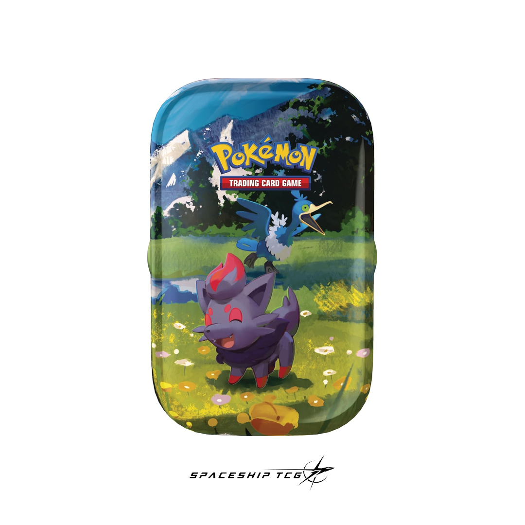 Pokémon TCG Héroes Ascendentes Mega Evolution Mini Tin Spanish edition collectible metal container with 2 booster packs, sticker, and exclusive illustrated card