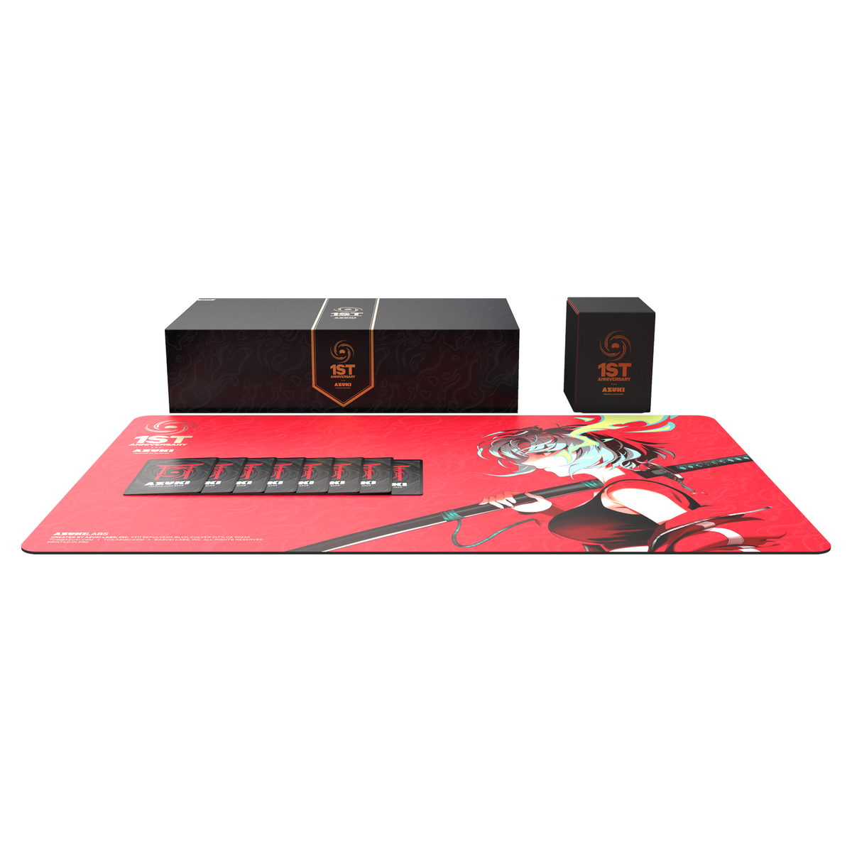 Sealed Azuki TCG 1st Anniversary Premium Collection box with alternate-art cards, Ultra PRO playmat, and deck box