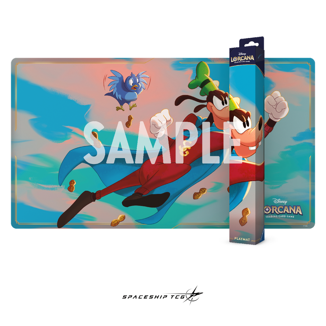 Disney Lorcana Wilds Unknown Goofy Playmat - Official card game play surface with non-slip backing - Box Back
