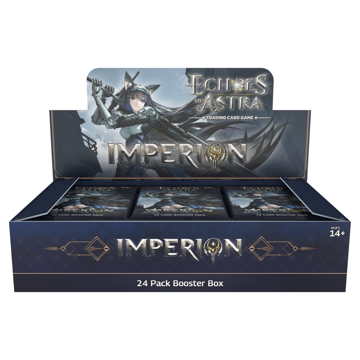 Echoes of Astra TCG Imperion Booster Display box containing 24 booster packs with modern-fantasy anime card art.