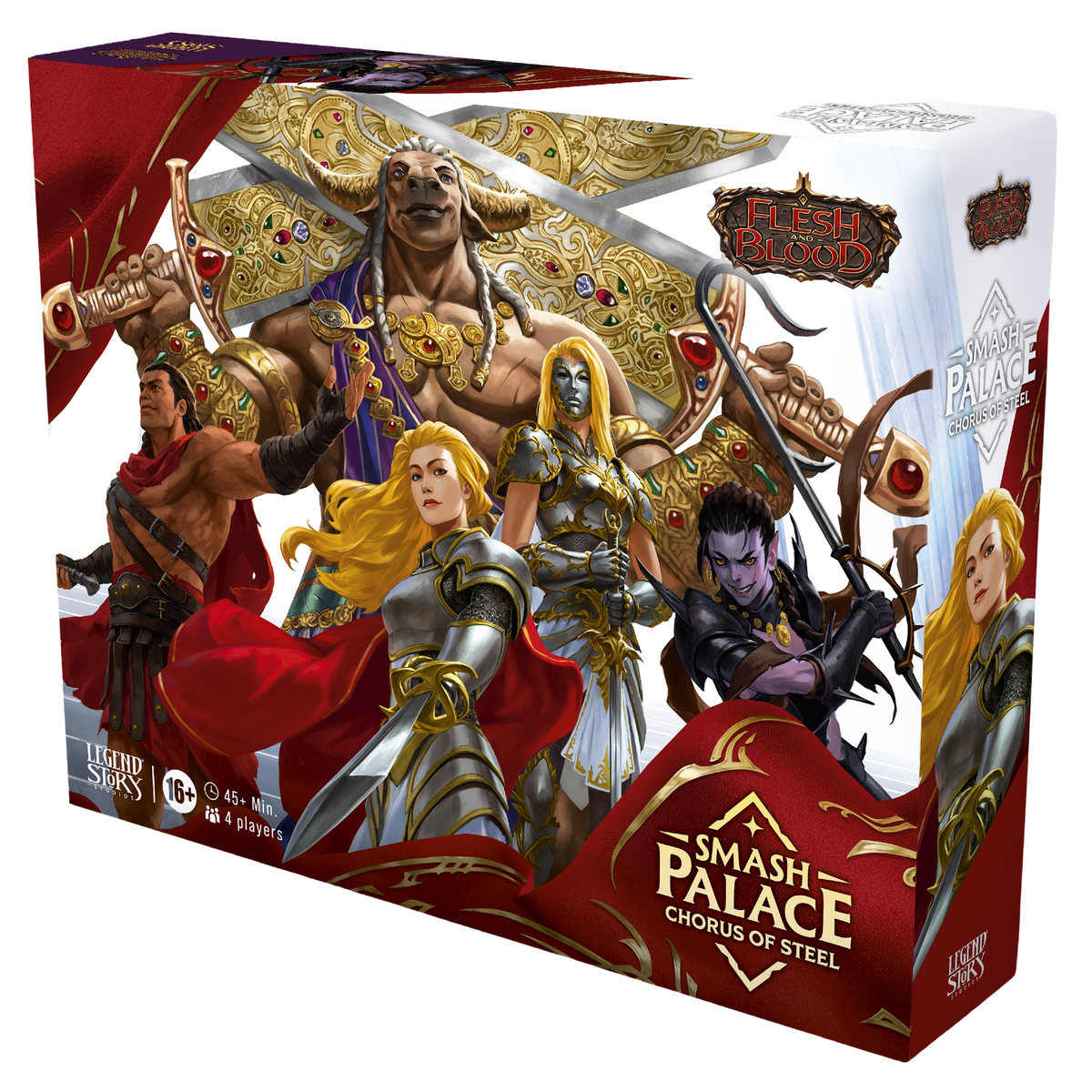 Front view of the Flesh and Blood Smash Palace Chorus of Steel multiplayer boxed set packaging showing Warrior hero artwork