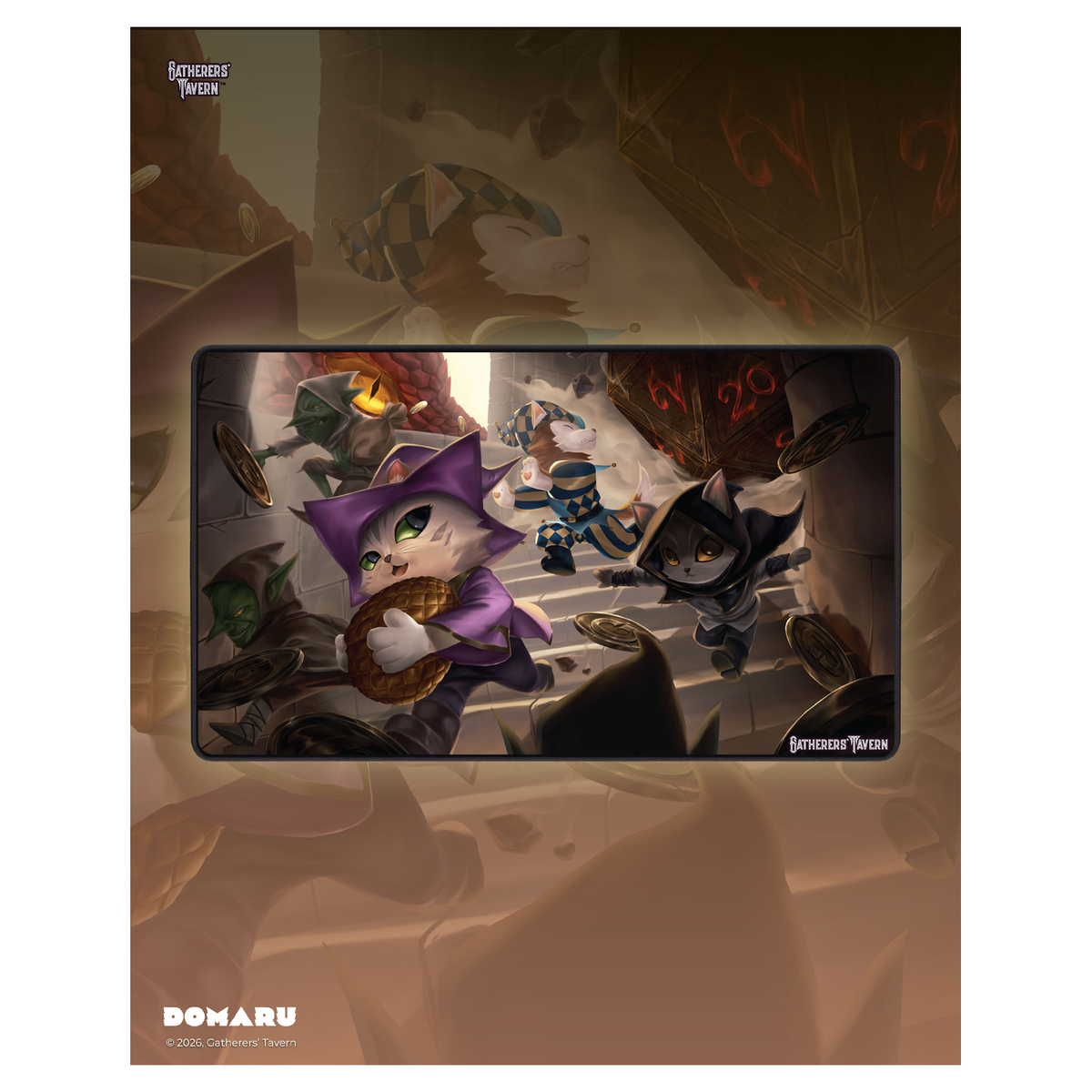 Gatherers' Tavern DOMARU Playmat showing adventurers fleeing from a dragon