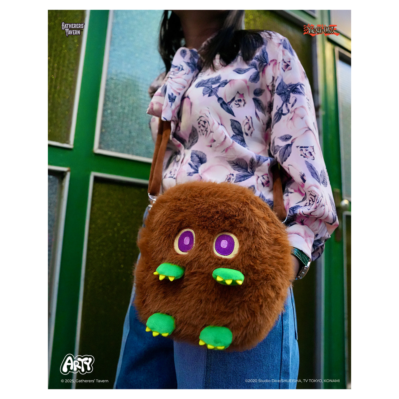 Teal Kuribeh character plush sling bag with adjustable strap and internal pocket - Kuriboh