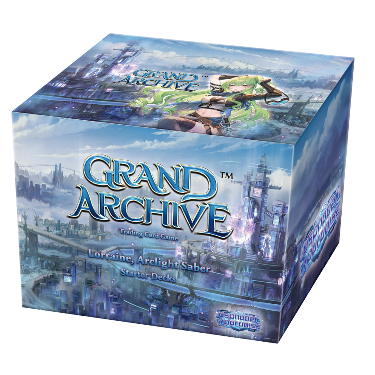 Grand Archive TCG starter deck display box featuring Lorraine, Arclight Saber with fire and arcane elements