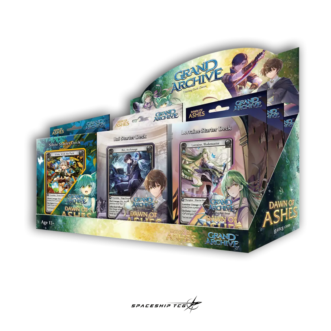 Nine sealed Grand Archive TCG starter decks: Lorraine, Silvie, Rai, and Assassin Class deck boxes from Dawn of Ashes set