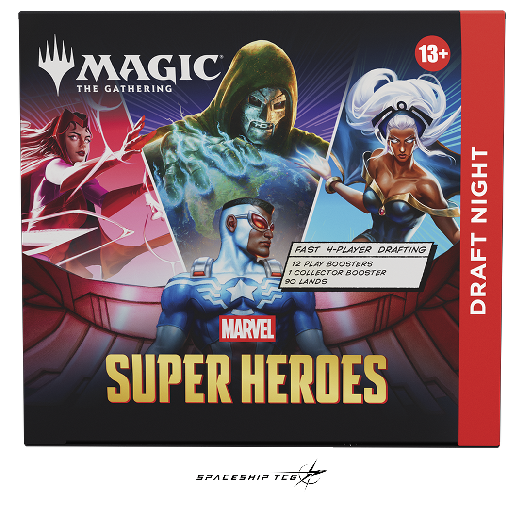 Magic The Gathering Marvel Super Heroes Draft Night English Edition complete 4-player Pick-Two Draft kit with Play Boosters and exclusive promo cards - Box Back