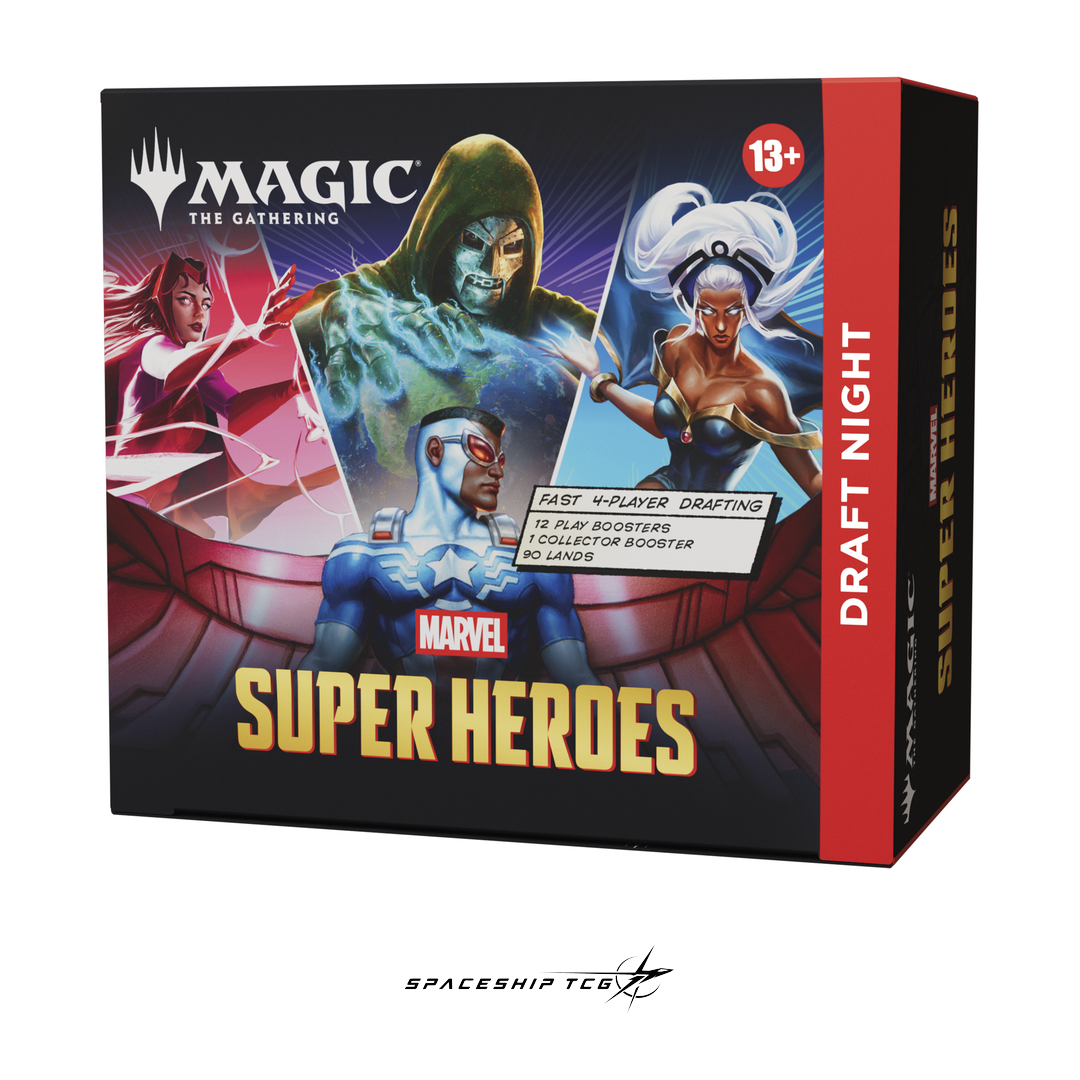 Magic The Gathering Marvel Super Heroes Draft Night English Edition complete 4-player Pick-Two Draft kit with Play Boosters and exclusive promo cards - Contents