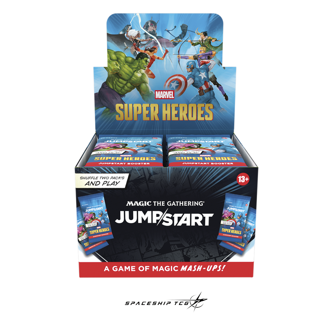 Magic The Gathering Marvel Super Heroes Jumpstart Booster Display English Edition with 24 ready-to-play themed packs featuring Marvel heroes - Box Front