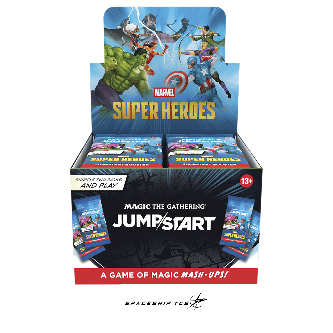 Magic The Gathering Marvel Super Heroes Jumpstart Booster Display English Edition with 24 ready-to-play themed packs featuring Marvel heroes - Box Back