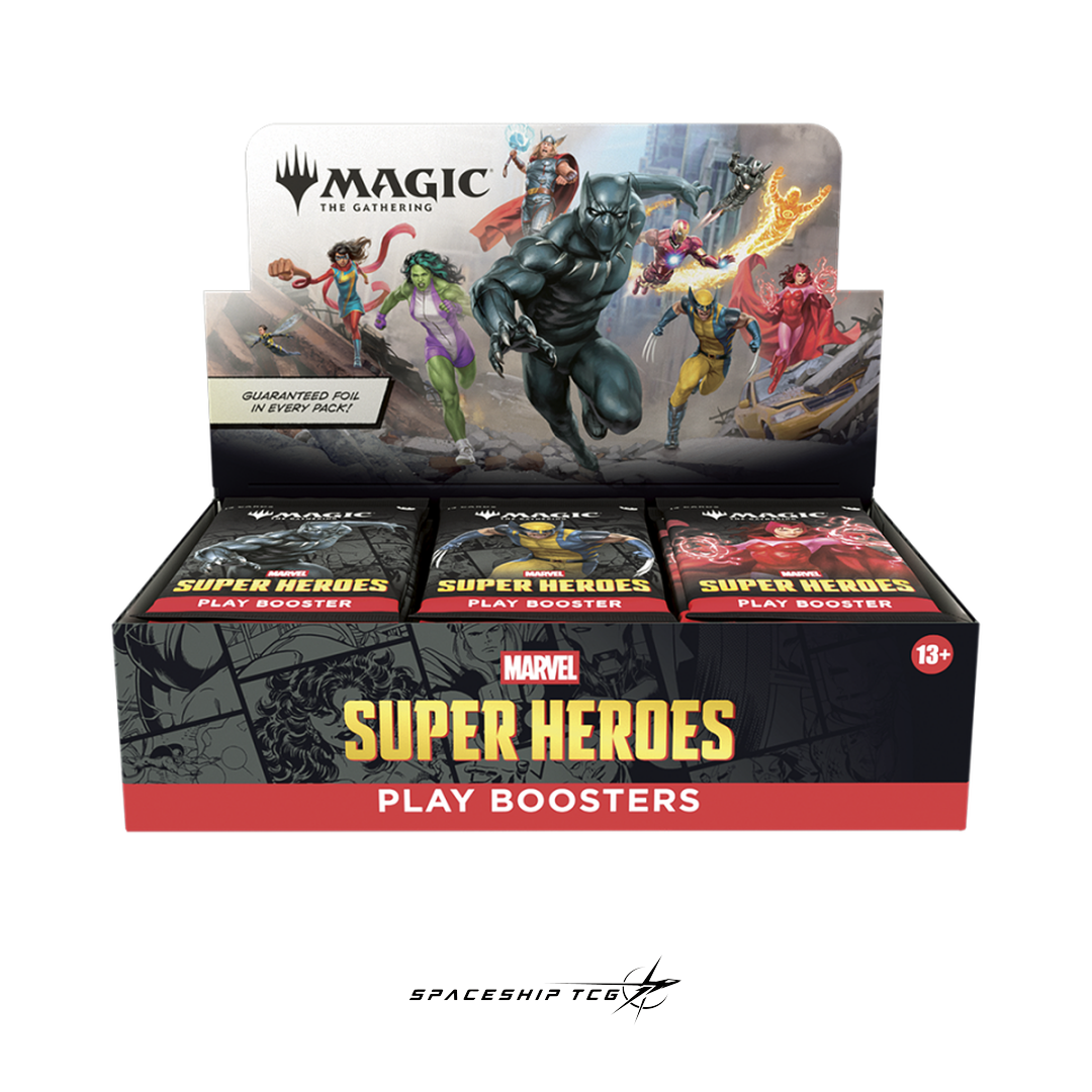 Magic The Gathering Marvel Super Heroes Play Booster Display English Edition with 30 booster packs featuring Spider-Man Iron Man Wolverine and Marvel heroes - Box Front