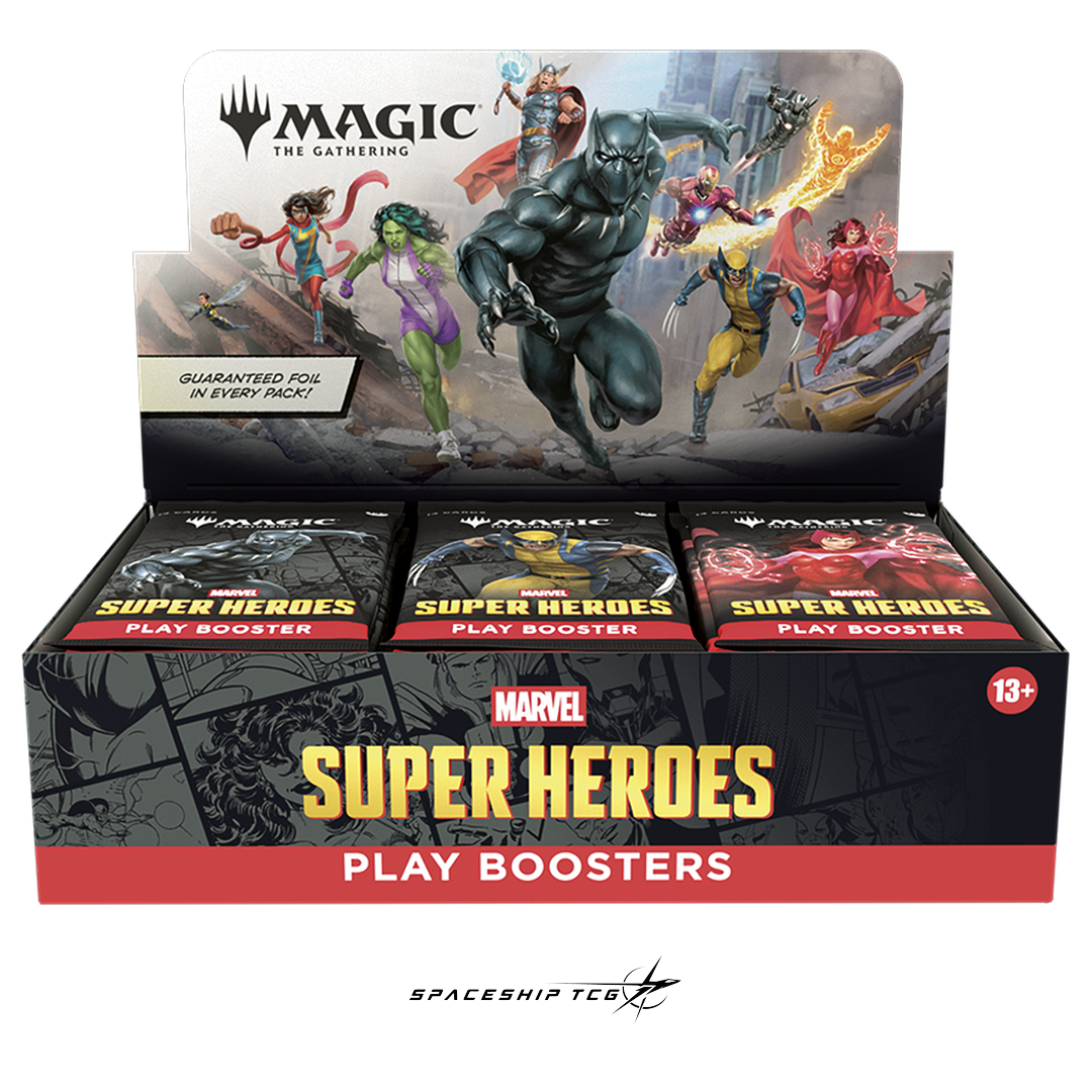 Magic The Gathering Marvel Super Heroes Play Booster Display English Edition with 30 booster packs featuring Spider-Man Iron Man Wolverine and Marvel heroes - Box Back