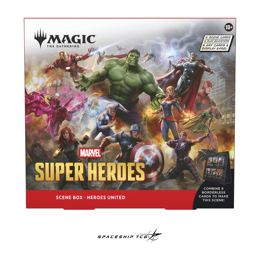 Magic The Gathering Marvel Super Heroes Scene Box Display English Edition with 4 Scene Boxes containing 24 traditional foil borderless cards - Box Front