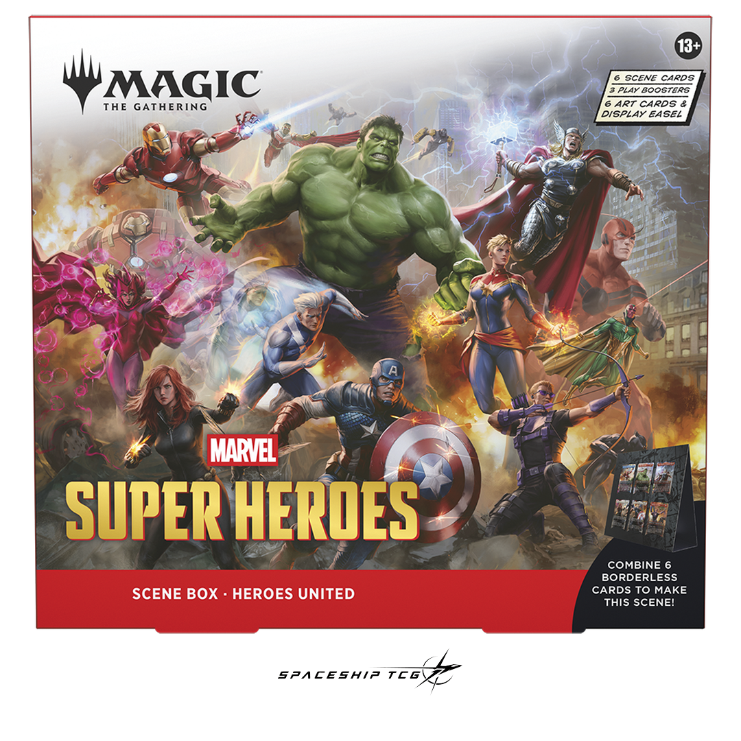 Magic The Gathering Marvel Super Heroes Scene Box Display English Edition with 4 Scene Boxes containing 24 traditional foil borderless cards - Box Back