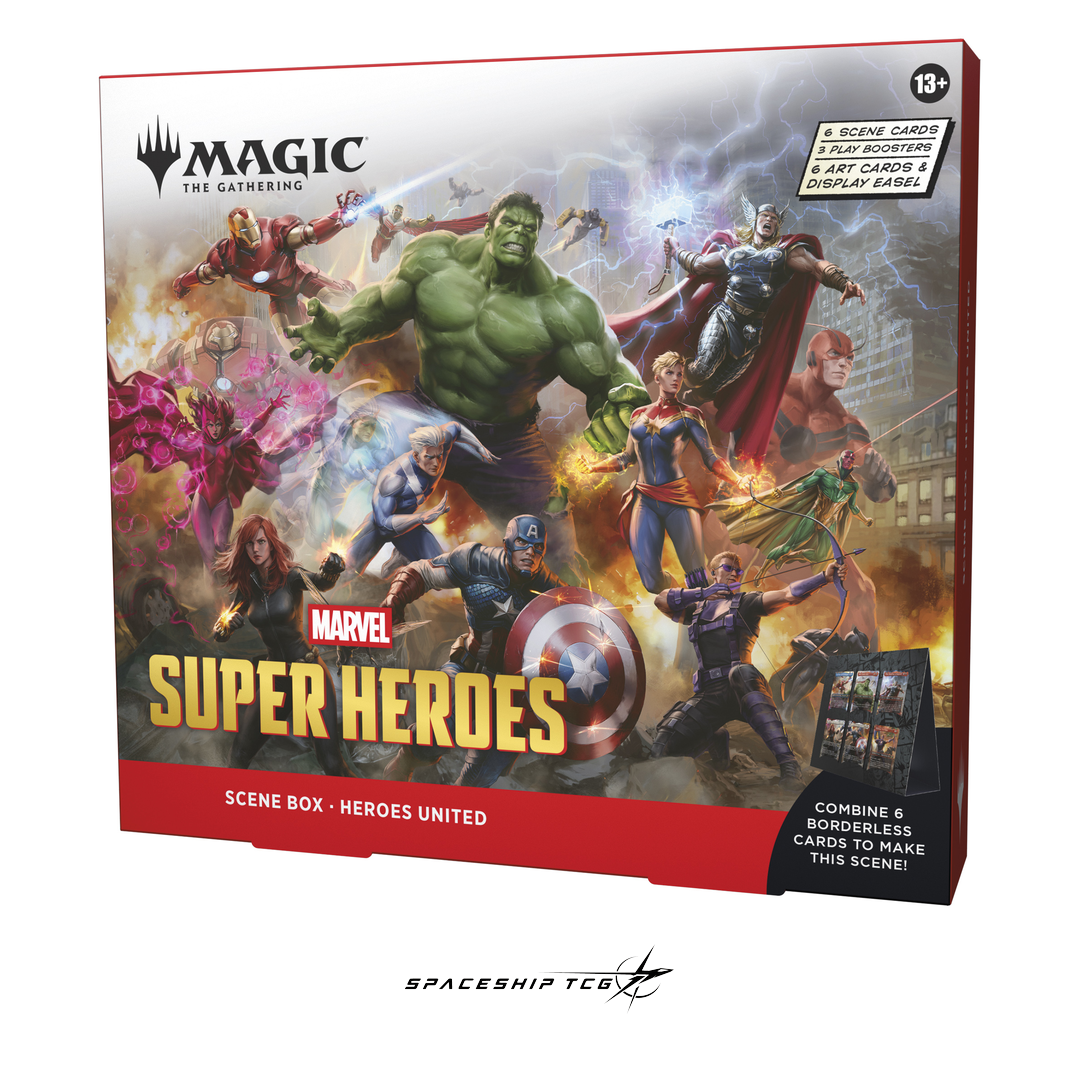 Magic The Gathering Marvel Super Heroes Scene Box Display English Edition with 4 Scene Boxes containing 24 traditional foil borderless cards - Contents