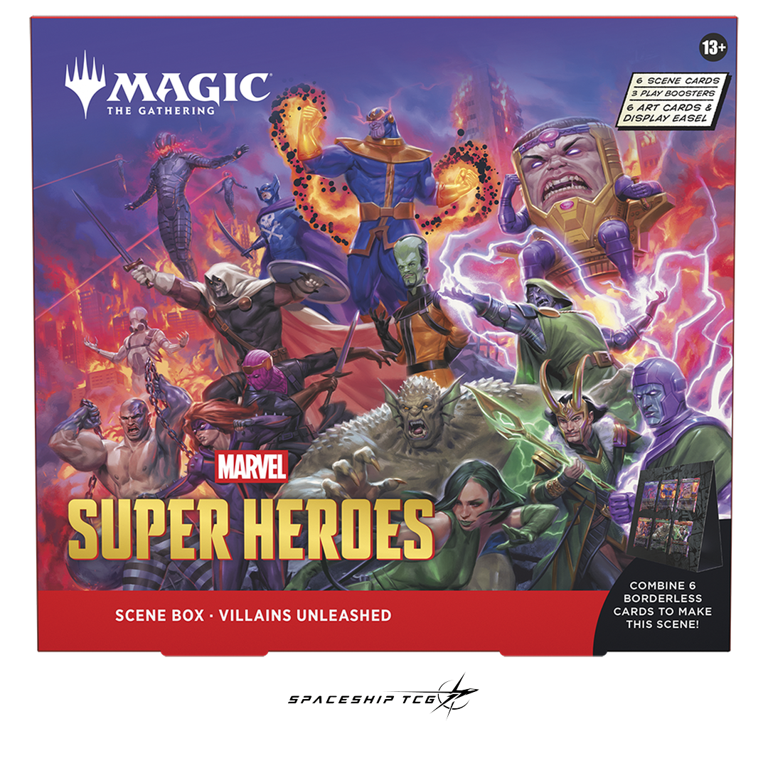Magic The Gathering Marvel Super Heroes Scene Box Display English Edition with 4 Scene Boxes containing 24 traditional foil borderless cards - Detail View
